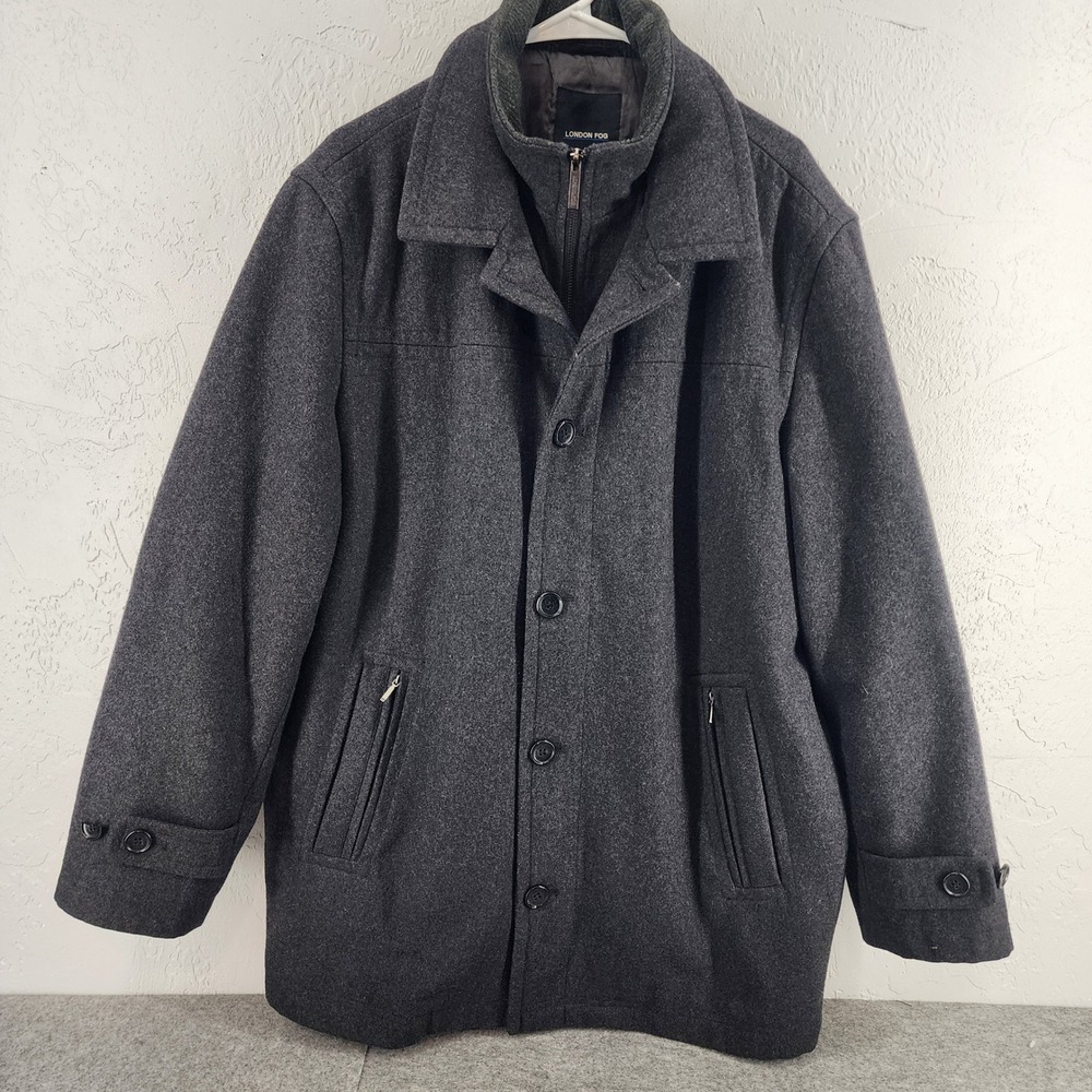London Fog Mens Charcoal Gray Wool Blend Zip Button Front Car Coat Jacket XL